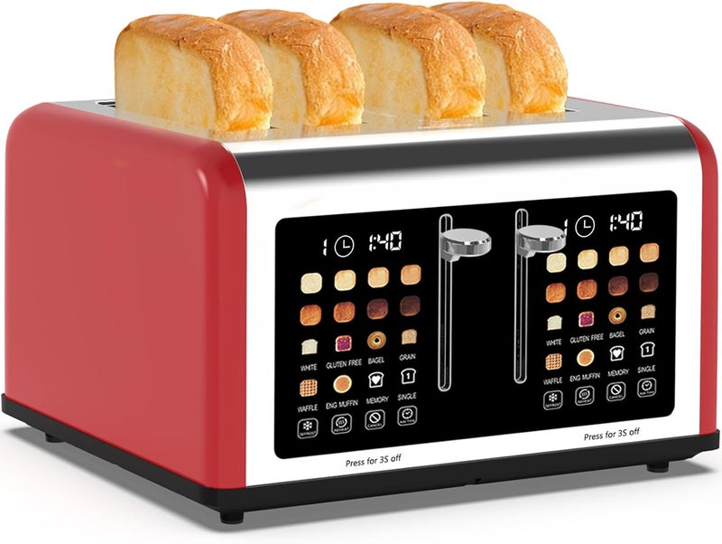 Clixane 4 Slice Toaster Touch Screen, Stainless Steel Toasters Digital Timer, Dual Control Panel Toasters, 8 Shade Settings 6 Bread Types for Bagel, Cancel, Defrost 1650W Red - Image 1